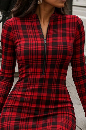 MDB Kadın Uzun Kollu Fermuarlı Ekose Baskılı Dalgıç Elbise