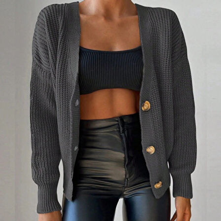 MDB Kadın Uzun Kollu Düğme Detay Triko Bluz