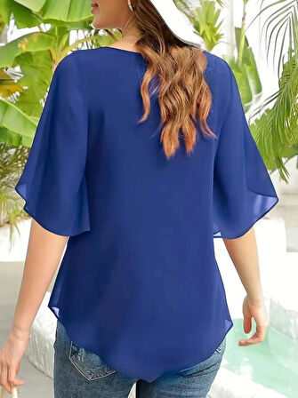 MDB Kadın Kısa Yırtmaç Kollu Yuvarlak Yaka şifon Bluz