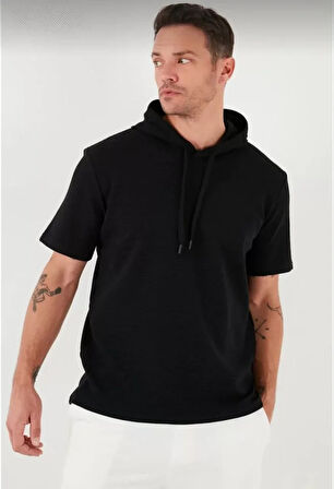 MDB Unisex Kapşonlu Kısa Kol Düz Oversize Tshirt  iyah