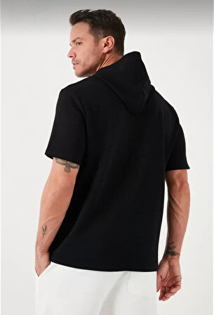 MDB Unisex Kapşonlu Kısa Kol Düz Oversize Tshirt  iyah