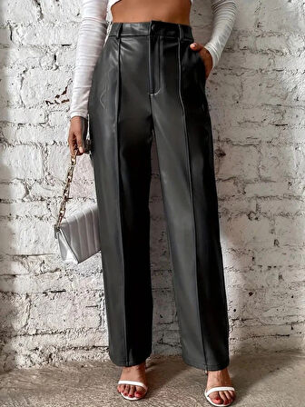 MDB Kadın önden Fermuarlı Cepli Geniş Kesim Lame Deri Pantolon