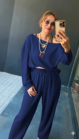 MDB Kadın Uzun Kollu Tek Omuzdan Açık Viskon Iki Iplik Bluz Ve Pantolon Ikili Takım