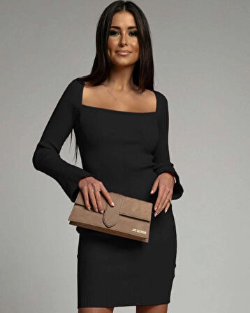 MDB Kadın Uzun Kollu Kare Yaka Kol Ucu Ispanyol Triko Elbise