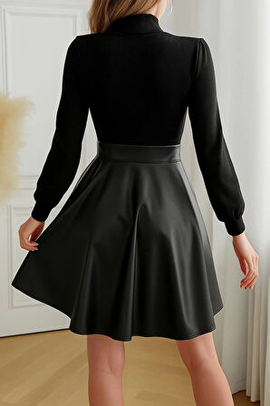 MDB Kadın Uzun Kollu Balıkçı Yaka üst Kaşkorse Alt Deri Detaylı Mini Elbise