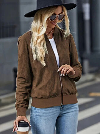 MDB Kadın Uzun Kollu önden Fermuarlı Süet Ceket