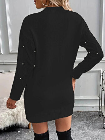 MDB Kadın Uzun Kollu Bisiklet Yaka Desenli Triko Elbise