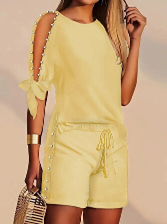 MDB Kadın Kısa Kollu Bisiklet Yaka Yarı Açık Omuz Inci Detaylı Short Tshirt Viskon Ikili Takım