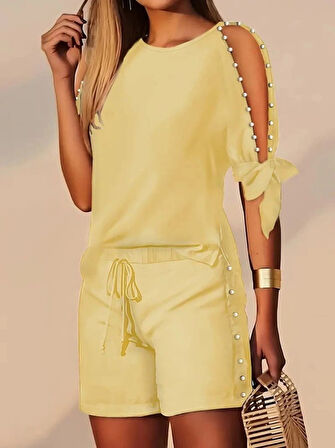 MDB Kadın Kısa Kollu Bisiklet Yaka Yarı Açık Omuz Inci Detaylı Short Tshirt Viskon Ikili Takım