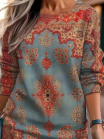 MDB Kadın Uzun Kollu Yuvarlak Yaka Desenli Mini Modal Elbise