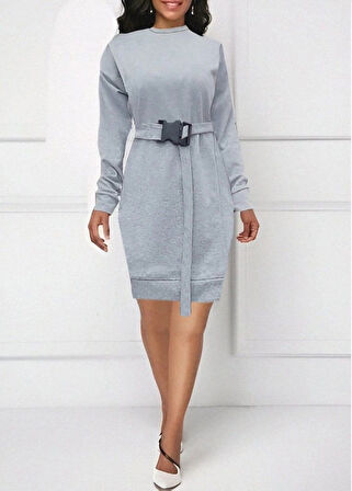 MDB Kadın Uzun Kollu Bisiklet Yaka Kuşaklı Iki Iplik Elbise