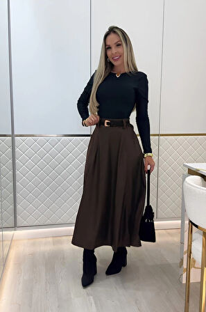 MDB Kadın Yüksek Belli Maxi Deri Kemersiz Etek