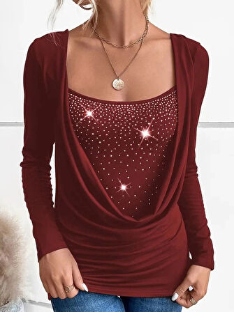 MDB Kadın Uzun Kollu Derin Degaje Yakalı Taşlı Sandy Bluz