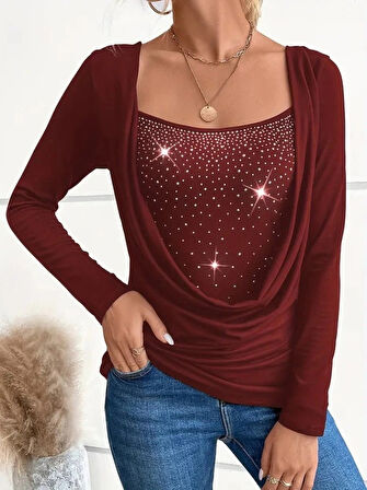 MDB Kadın Uzun Kollu Derin Degaje Yakalı Taşlı Sandy Bluz