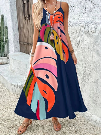 MDB Kadın Ip Askılı V Yakalı Desenli Süprem Maxi Elbise