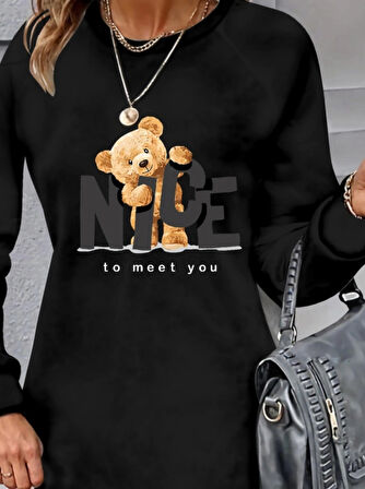 MDB Kadın Uzun Kollu Bisiklet Yaka Ayı Desenli Viskon Iki Iplik Elbise