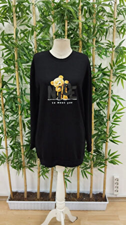 MDB Kadın Uzun Kollu Bisiklet Yaka Ayı Desenli Viskon Iki Iplik Elbise