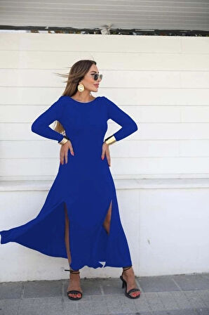 MDB Kadın Uzun Kollu Hafif Kayık Yaka Sırt Dekolteli Yırtmaç Detaylı Viskon Tam Boy Elbise