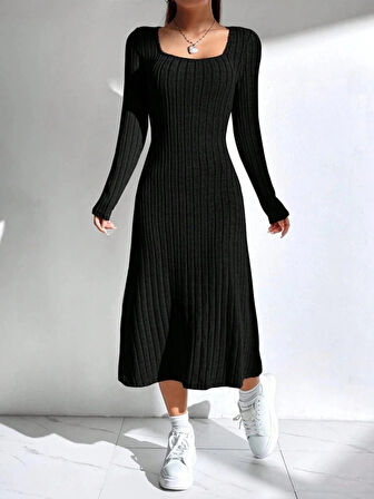 MDB Kadın Uzun Kollu Kare Yaka Midi Kaşkorse Elbise