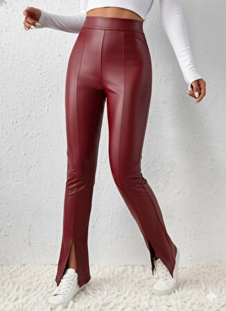 MDB Kadın Yüksek Bel önden Yırtmaçlı Deri Tayt