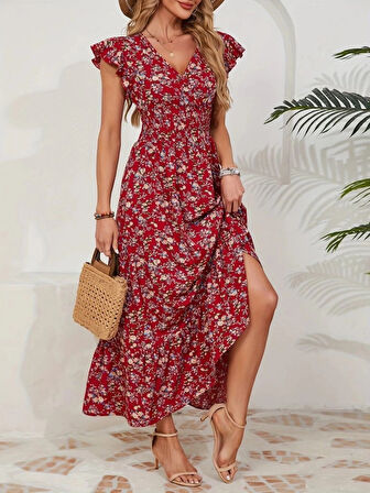 MDB Kadın Kısa Kollu Kruvaze Yaka Beli Lastikli çiçek Desenli Elbise