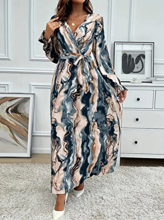 MDB Kadın Uzun Kollu Kruvaze Yakalı Beli Kuşaklı Desenli Süprem Maxi Elbise