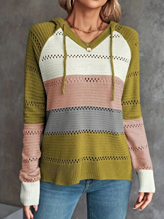 MDB Kadın Uzun Kollu V Yakalı Bağcıklı Kapşonlu Triko Bluz