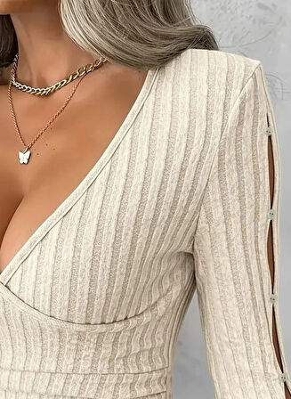 MDB Kadın Uzun Kollu Kruvaze Yakalı Incili şardonlu Kaşkorse Bluz