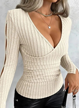 MDB Kadın Uzun Kollu Kruvaze Yakalı Incili şardonlu Kaşkorse Bluz