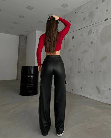 MDB Kadın Yüksek Bel önden Fermuarlı Yandan Cep Detaylı Deri Kargo Pantolon