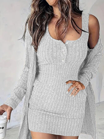 MDB Kadın Askılı Yuvarlak Yakalı önü Düğmeli şardonlu Kaşkorse Mini Elbise Ve Kısa Ceket