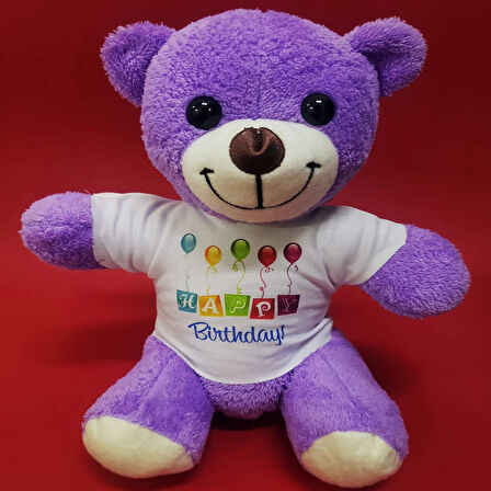 MDB Happy Birthday Tişörtlü Peluş Mor Ayıcık