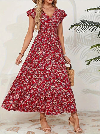 MDB Kadın Kısa Kollu Kruvaze Yaka Beli Lastikli çiçek Desenli Elbise