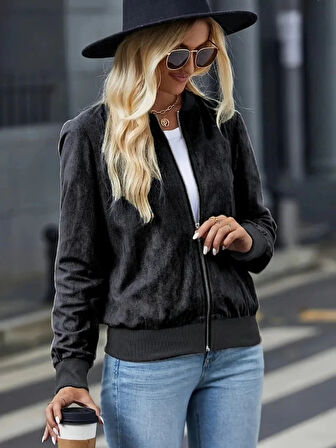 MDB Kadın Uzun Kollu önden Fermuarlı Süet Ceket