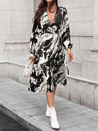 MDB Kadın Uzun Kollu Kruvaze Yakalı Yandan Bağlamalı Desenli Mini Modal Elbise