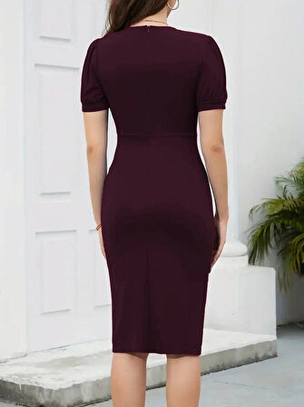 MDB Kadın Kısa Kollu V Yakalı önden Fırfırlı Ithal Krep Elbise