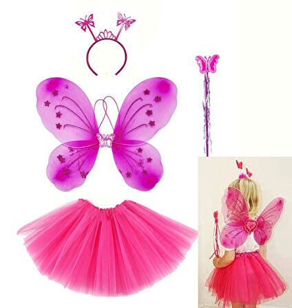 MDB Fuşya Kelebek Kostüm Aksesuar Seti 4 Parça