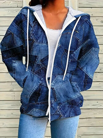 MDB Kadın Uzun Kollu Kapşonlu Fermuarlı Kot Desenli Bağcıklı Modal Ceket