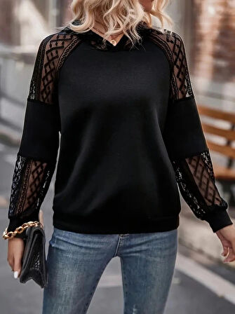 MDB Kadın Uzun Kollu Dantelli Kapşonlu Viskon Iki Iplik Bluz