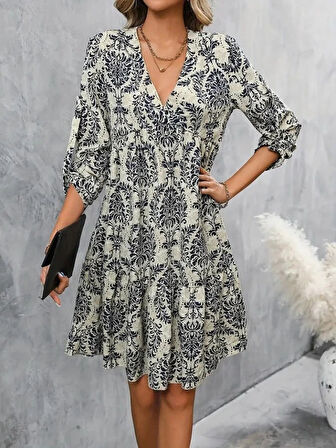 MDB Kadın Uzun Kollu V Yakalı Fırfırlı Mini Süprem Elbise