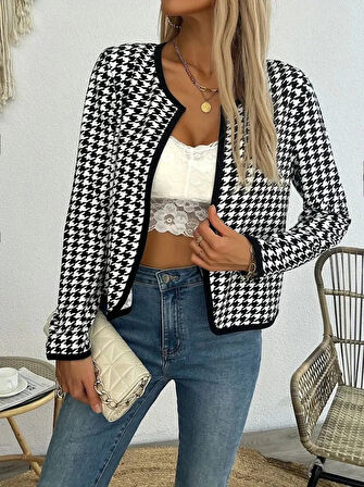 MDB Kadın Uzun Kollu Kaz Ayağı Desenli şardonlu Dalgıç Ceket