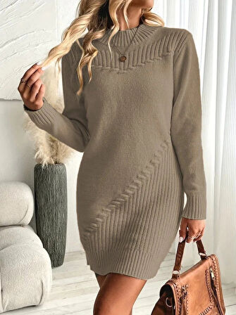 MDB Kadın Uzun Kollu Yuvarlak Yaka Mini Triko Elbise