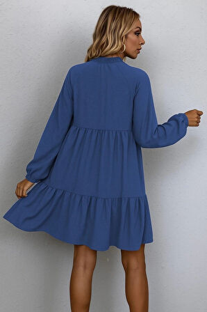 MDB Kadın Uzun Kollu Yakadan Bağcıklı Fırfırlı Keten Mini Elbise