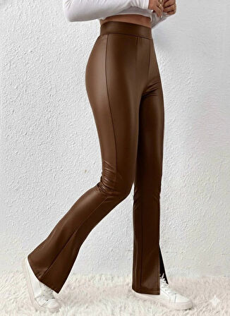 MDB Kadın Yüksek Bel önden Yırtmaçlı Deri Tayt