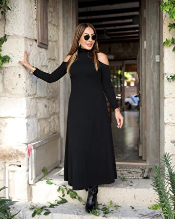 MDB Kadın Balıkçı Yaka Omuzlardan Açık Uzun Kollu Janjan Krep Elbise