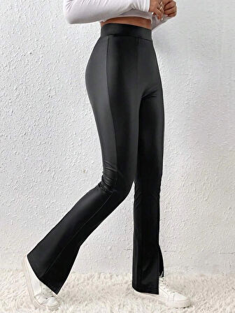 MDB Kadın Yüksek Bel önden Yırtmaçlı Deri Tayt