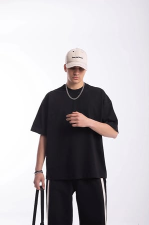 Unisex Siyah Oversize Bisiklet Yaka T-Shirt