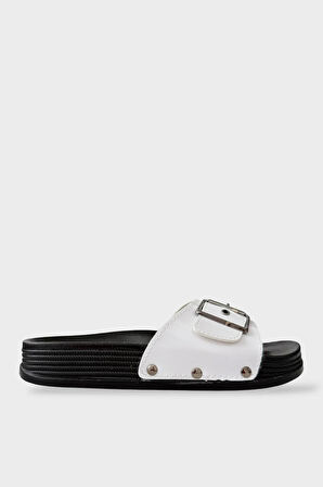 Kadın Günlük Terlik Tokalı Şık Ortopedik Yazlık Ev Plaj Tatil İş Terliği BEYAZ