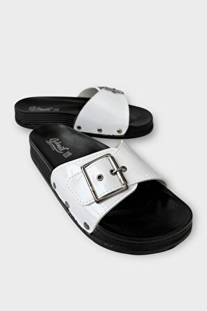 Kadın Günlük Terlik Tokalı Şık Ortopedik Yazlık Ev Plaj Tatil İş Terliği BEYAZ