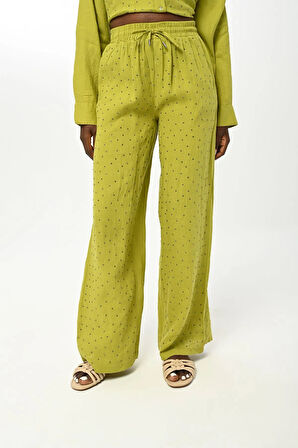 KADIN BELİ LASTİKLİ BOL PAÇA ÖNÜ TAŞ İŞLEMELİ KETEN PANTOLON